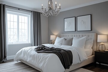 Aufkleber - Modern bedroom interior with elegant chandelier and soft color palette in a cozy design for relaxation and comfort