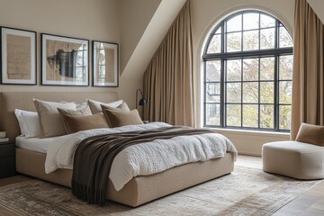 Poster - Modern bedroom with large window and natural light in a cozy interior setting