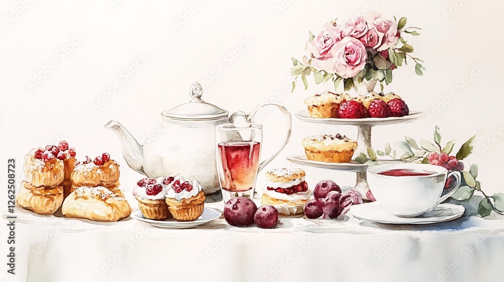 Elegant afternoon tea setup in watercolor style, featuring a