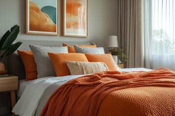Poster - Cozy modern bedroom with orange accents and serene artwork for a relaxed atmosphere