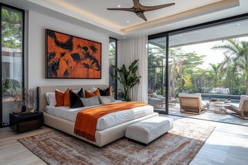 Poster - Modern bedroom with tropical decor and outdoor pool view during daylight