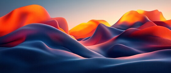 Wall Mural - A captivating abstract landscape featuring undulating shapes in vibrant shades of orange and blue, glowing under a warm sunset sky, evoking serenity