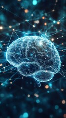 Poster - A digital visualization showcases a blue human brain surrounded by glowing connections, symbolizing neural networks and advanced technology in a dark environment
