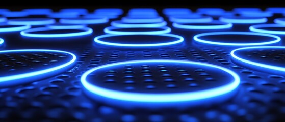 Poster - Circular designs glow with a blue hue on a dark textured surface, creating an enchanting ambiance that captivates viewers at night