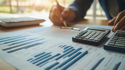 Poster - Financial analysis line icon, accounting, tax revenue and budget vector sign features pie charts, graphs, currency symbol and calculator, representing detailed examination of financial data and trends