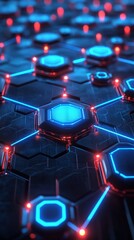 Poster - Bright blue hexagonal patterns connected by glowing red lines create a futuristic atmosphere, illustrating advanced technology in a digital setting