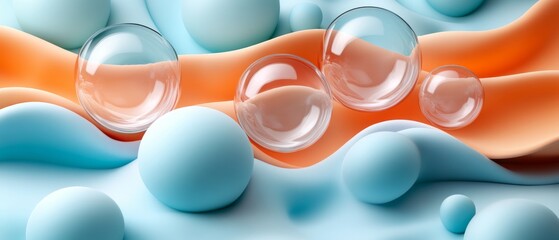 Poster - An abstract design featuring soft waves in blue and orange, adorned with translucent bubbles, creating a playful, textured visual effect