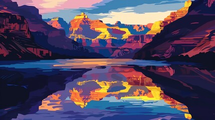 Wall Mural - A vibrant digital illustration of the Grand Canyon at sunset.