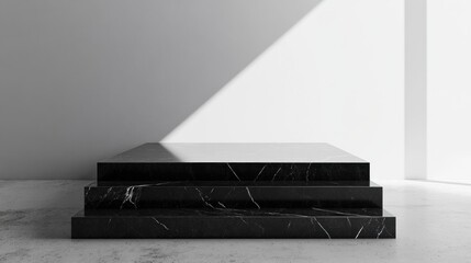 Wall Mural - Black marble platform, minimalist interior, sunlight, product display