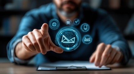 Poster - man is reaching towards floating digital icons that illustrate aspects of technology and communication while seated at a desk in a contemporary workspace