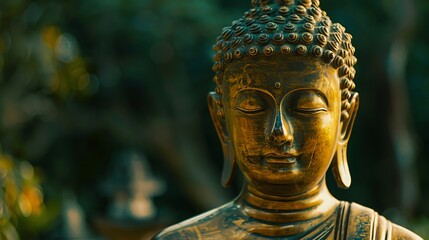 Wall Mural - A close-up of a golden Buddha statue with eyes closed in a serene expression.