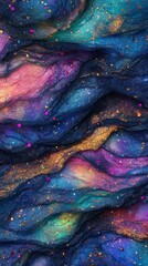 Poster - Swirls of deep blue, purple, and pink create an abstract cosmic landscape with shimmering gold accents, reminiscent of a vibrant galaxy