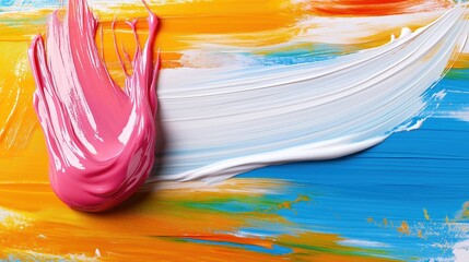 Poster - Bold hues of pink, white, orange, and blue swirl together on a canvas in an artistic expression, highlighting the texture and movement of the paint. Creative energy radiates throughout
