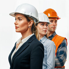 Poster - engineer architect and builder standing on white background . Generative AI