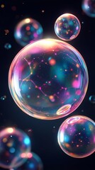 Poster - Vibrant soap bubbles hover in the air, showcasing a blend of colors and reflections, creating a captivating display that draws the viewer's eye amidst the darkness