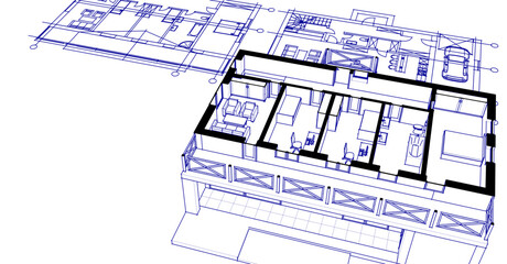 Poster -  house sketch plan 3d illustration