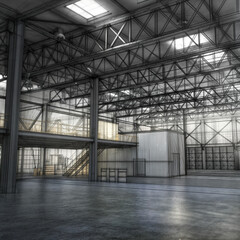 Poster - architectural sketch of a modern construction of a warehouse of the future . Generative AI