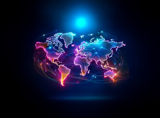 Fototapete - A vibrant world map illuminated with glowing connections, symbolizing global networks and digital communication against a dark backdrop.