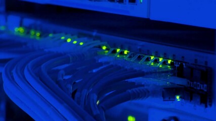 Wall Mural - server room of high tech internet data center. wire cables connecting lan cable to mainframe switch