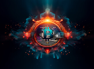 Aufkleber - Futuristic Bitcoin symbol with a key, glowing with vibrant digital energy and abstract light effects.