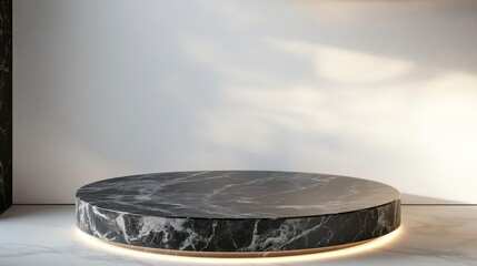 Wall Mural - Circular marble podium, sunlit wall, minimalist interior, product display