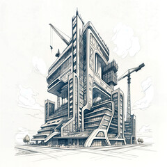 Poster - architectural sketch of a modern construction of a building of the future . Generative AI