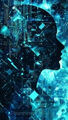 Poster - Abstract Head Silhouette, Motherboard Patterns, Turquoise, Navy Background, Technology Concept