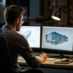Poster - engineer architect designs a building in front of a computer monitor . Generative AI