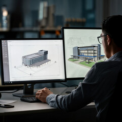 Poster - engineer architect designs a building in front of a computer monitor . Generative AI