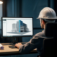Poster - engineer architect designs a building in front of a computer monitor . Generative AI