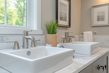 Poster - Elegant bathroom with modern sinks and natural decor in a serene, well-lit space