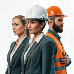 Poster - engineer architect and builder standing on white background . Generative AI