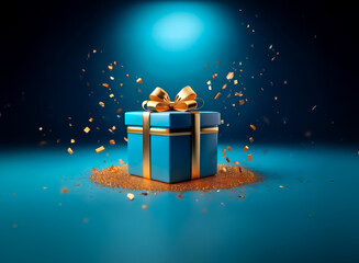 Sticker - a blue gift box with a golden ribbon is illuminated by a bright light against a dark blue background