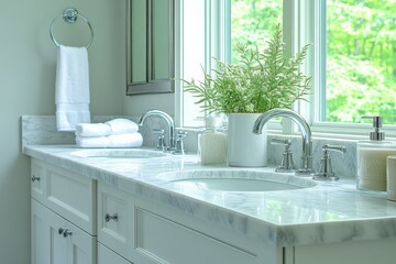 Poster - Elegant bathroom design featuring marble countertop and natural light with lush greenery in serene setting