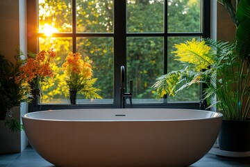 Aufkleber - Relaxing bathtub in a bathroom with large windows overlooking a garden at sunset