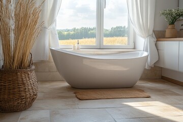 Poster - Elegant bathtub in a bright bathroom with natural light and serene outdoor view