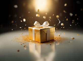 Sticker - golden gift box with white ribbon, illuminated by a spotlight. golden confetti sparkles around the p
