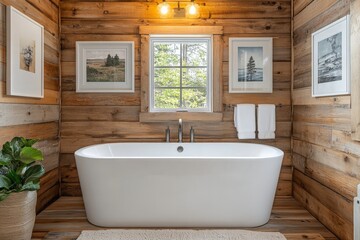 Aufkleber - Elegant modern bathroom design featuring freestanding tub and wooden accents in serene cabin setting