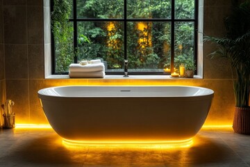 Poster - Elegant modern bathroom with soft lighting and greenery in a serene setting