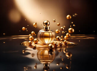 Aufkleber - Elegant perfume bottle with golden liquid and shiny spheres on a reflective surface creates a luxurious and glamorous presentation.