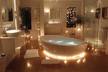 Poster - Luxurious modern bathroom with serene lighting and stylish freestanding tub creates a spa-like atmosphere for relaxation