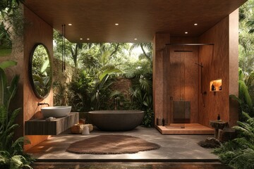 Poster - Elegant bathroom design featuring natural materials and lush greenery in a tranquil setting