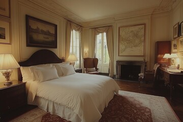 Aufkleber - Elegant bedroom featuring a large bed, vintage decor, and natural light in a charming historic building