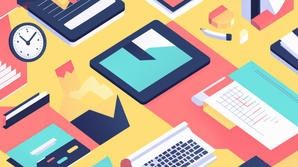 Poster - Business infographics with colorful icons of computer, chart, card, handshake, clock, briefcase, files and computer or tv monitor with puzzles