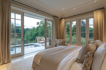 Aufkleber - Luxurious bedroom with elegant decor and serene view of nature near a pool in a peaceful setting