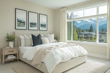 Poster - Cozy bedroom with mountain view featuring soft textiles and serene decor elements in a peaceful setting