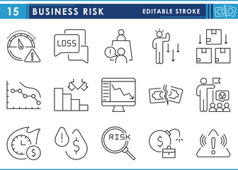 Leinwandbilder - A set of line icons related to business risk. Risk, loss, disaster, dissolve, poor leadership, market crash, low product, and so on. Vector editable stroke.