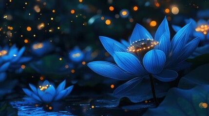 Wall Mural - Glowing blue lotus flowers, night pond, fireflies, serene nature scene, wallpaper