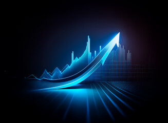 Fototapete - A luminous blue graph surges upwards against a stark black backdrop, symbolizing growth and progress. Digital lines enhance the futuristic aesthetic of the rising data visualization.