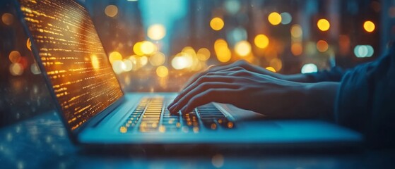 Poster - Fingers move swiftly over a laptop keyboard while colorful city lights blur in the background, capturing a moment of productivity in an urban setting